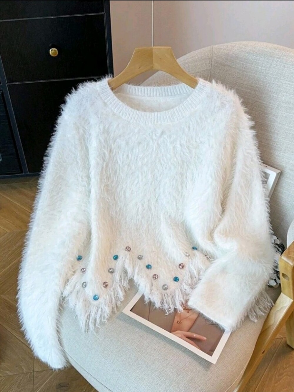 Women's Elegant White Autumn Everyday Faux Mink Pullover Sweater, Handmade
